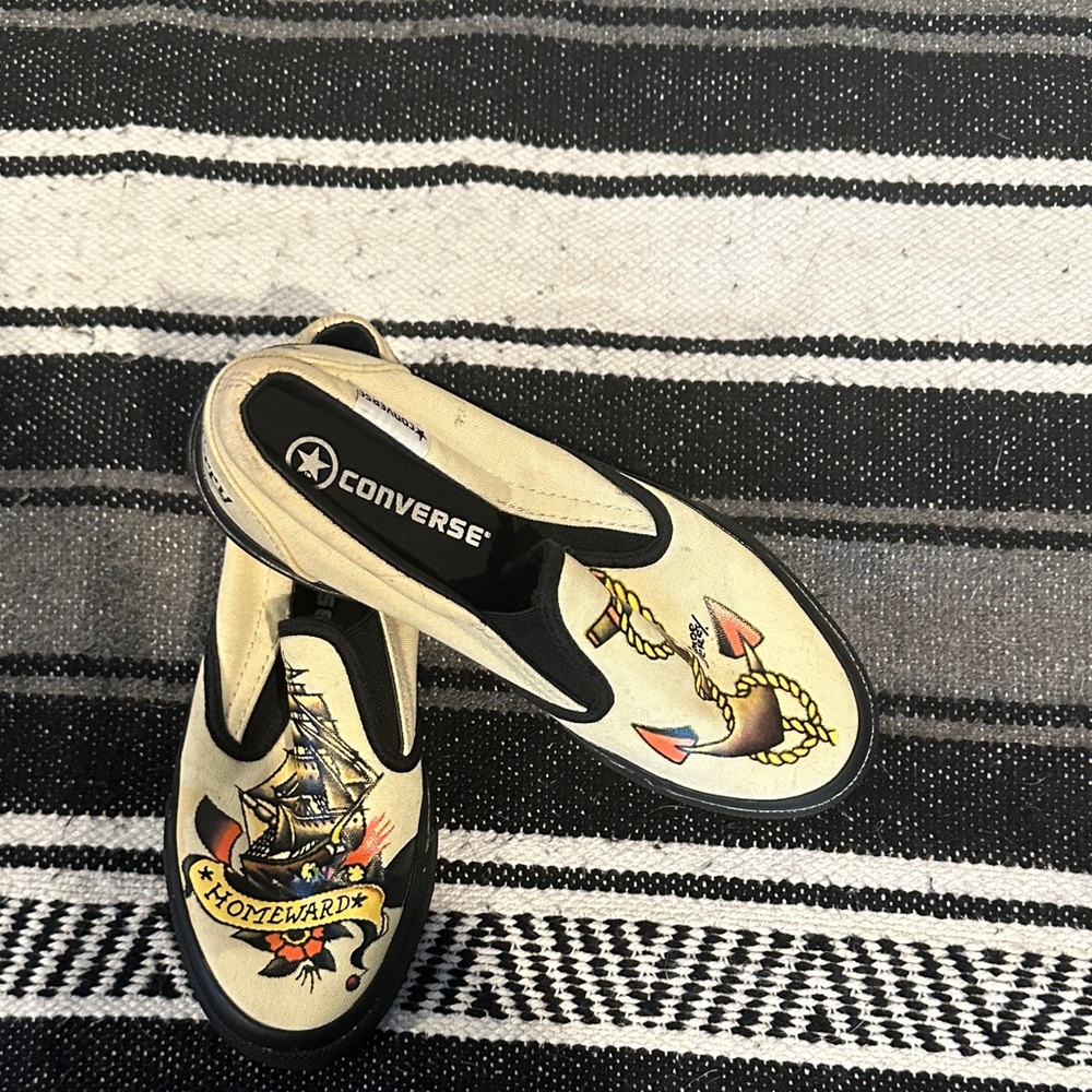 SAILOR JERRY” Converse Wmns size 7.5 Nautical Slip-On Sneakers - Cream and Black